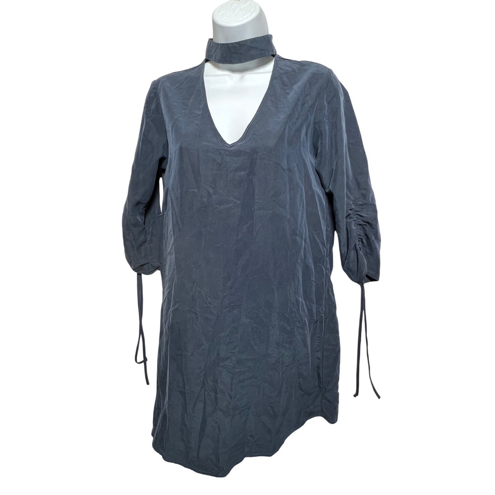 EVERLY Gray Choker V Neck Ruched Sleeve Mini Dress Women's XS